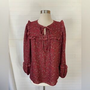 Max Studio Red Ruffle Dainty Floral Long Sleeve Blouse Size Small Cottagecore